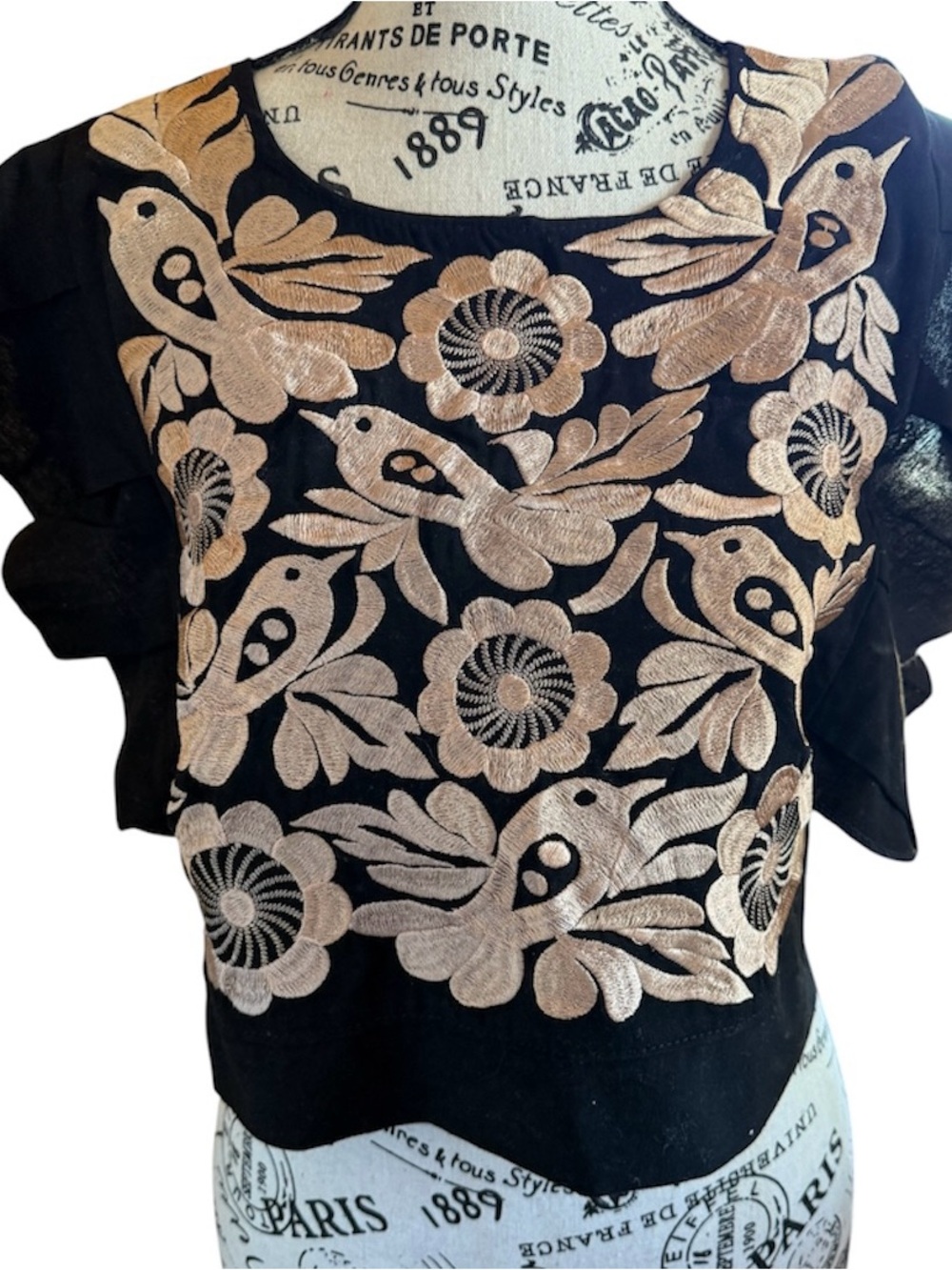Black Women's Embroidered Blouse, gold embroidery, Women’s top, Mexico blouse